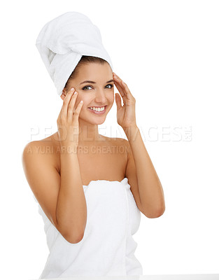 Buy stock photo Shower, skincare and hands on face of woman in studio for wellness, routine or pamper on white background. Portrait, smile or model with body care, cleaning or cosmetic, routine or treatment results