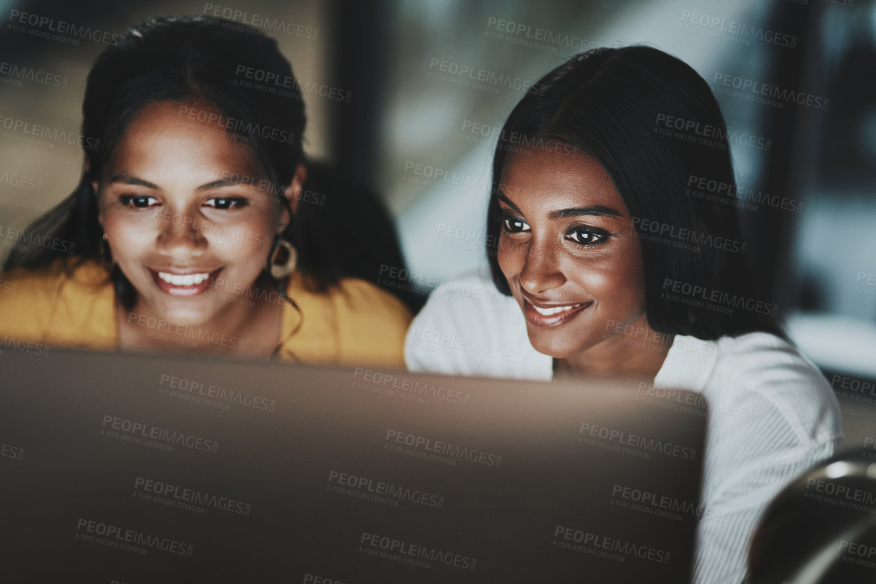 Buy stock photo Business women, computer and reading email with good news, collaboration and teamwork. Female people, tech and cooperation in working late on project for advice, corporate pitch or proposal in office