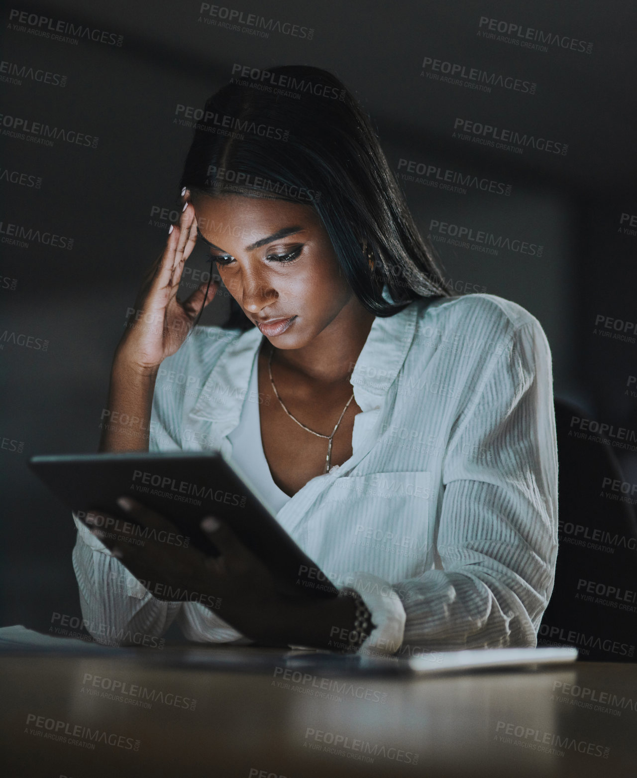 Buy stock photo Headache, stress and woman  with tablet, night and deadline in office, thinking and creative for UX design. Migraine, tired and working late for project, designer and person with app and exhausted