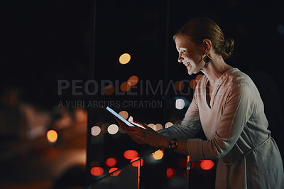 Buy stock photo Tablet, night and businesswoman on building rooftop in city with research on finance stock market for risk report. Technology, email and financial planner with investment for fintech revenue in town.