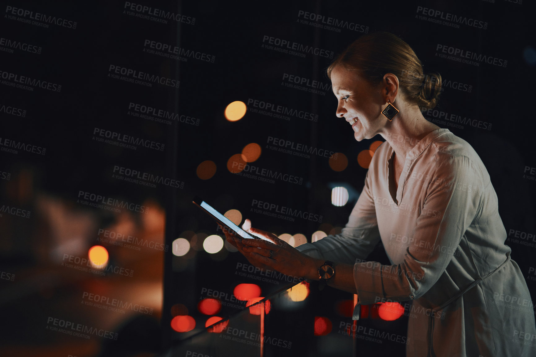 Buy stock photo Tablet, night and businesswoman on building rooftop in city with research on finance stock market for risk report. Technology, email and financial planner with investment for fintech revenue in town.