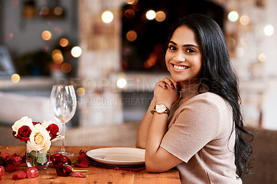 Buy stock photo Indian woman, restaurant smile and portrait of young person ready for a romantic date. Bokeh lights, fine dining and female with a glass and happiness for anniversary or valentines day feeling relax