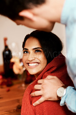 Buy stock photo Couple at restaurant, love and happy on date for Valentines day, commitment and care, blanket and cozy with fine dining. Man with woman in nterracial relationship, loyalty and trust with support