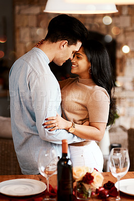 Buy stock photo Love, wine and romance, happy couple dance on valentines day date at home with smile and bokeh. Date night, man and woman hug in living room, romantic valentine celebration and relationship together.