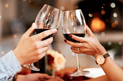 Buy stock photo Red wine, glass and couple hands toast, celebrate or cheers in 5 star restaurant or fine dining alcohol store. Romance love, marriage anniversary or people on Valentines Day date for holiday event