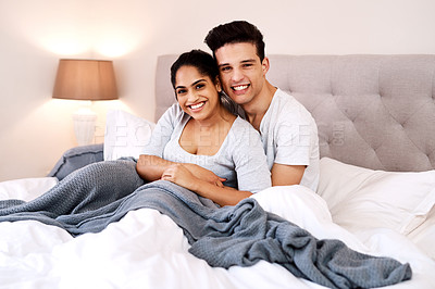 Buy stock photo Love, bed hug and portrait couple relax for morning peace, calm and bonding quality time together in Sydney Australia. Marriage, romance and happy people in hotel bedroom for Valentines Day holiday