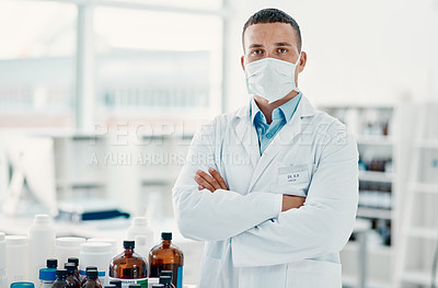 Buy stock photo Healthcare, man and arms crossed for medicine, chemist and inventory for safety, label and portrait. Pharmacist, mask and medical professional with antibiotics, science and pills for treatment in USA