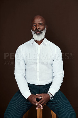 Buy stock photo Business, mature and black man with serious portrait for corporate, executive and lawyer job in studio. Fashion, confidence and entrepreneur with boss, about us and success with brown background