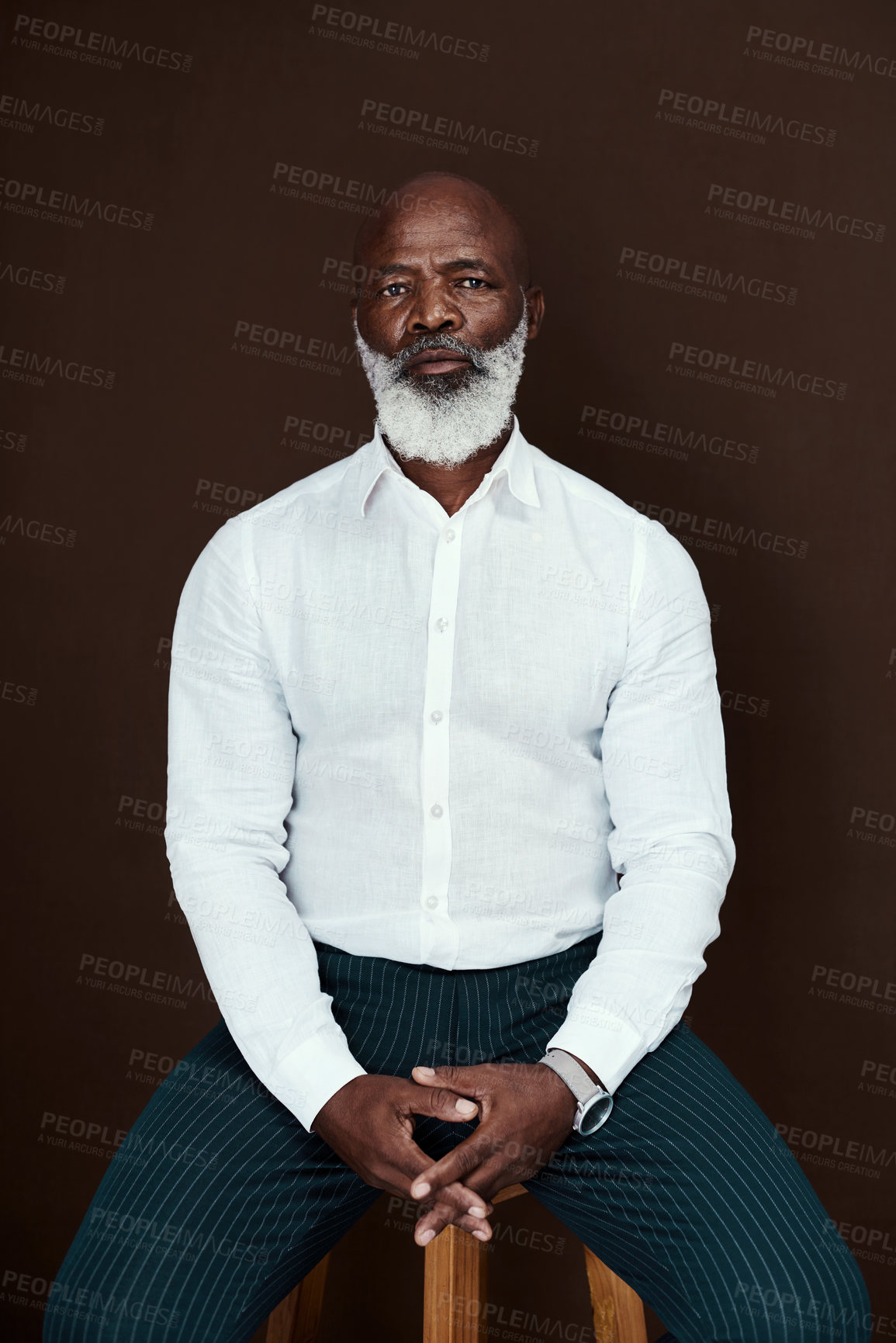 Buy stock photo Business, mature and black man with serious portrait for corporate, executive and lawyer job in studio. Fashion, confidence and entrepreneur with boss, about us and success with brown background