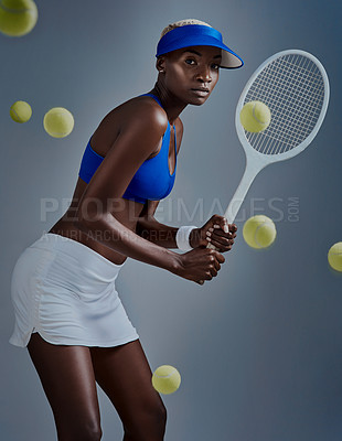 Buy stock photo Serious, black woman and portrait with balls for tennis, sports match or game on a studio background. Young African, female person or athlete with racket for competition, challenge or tournament