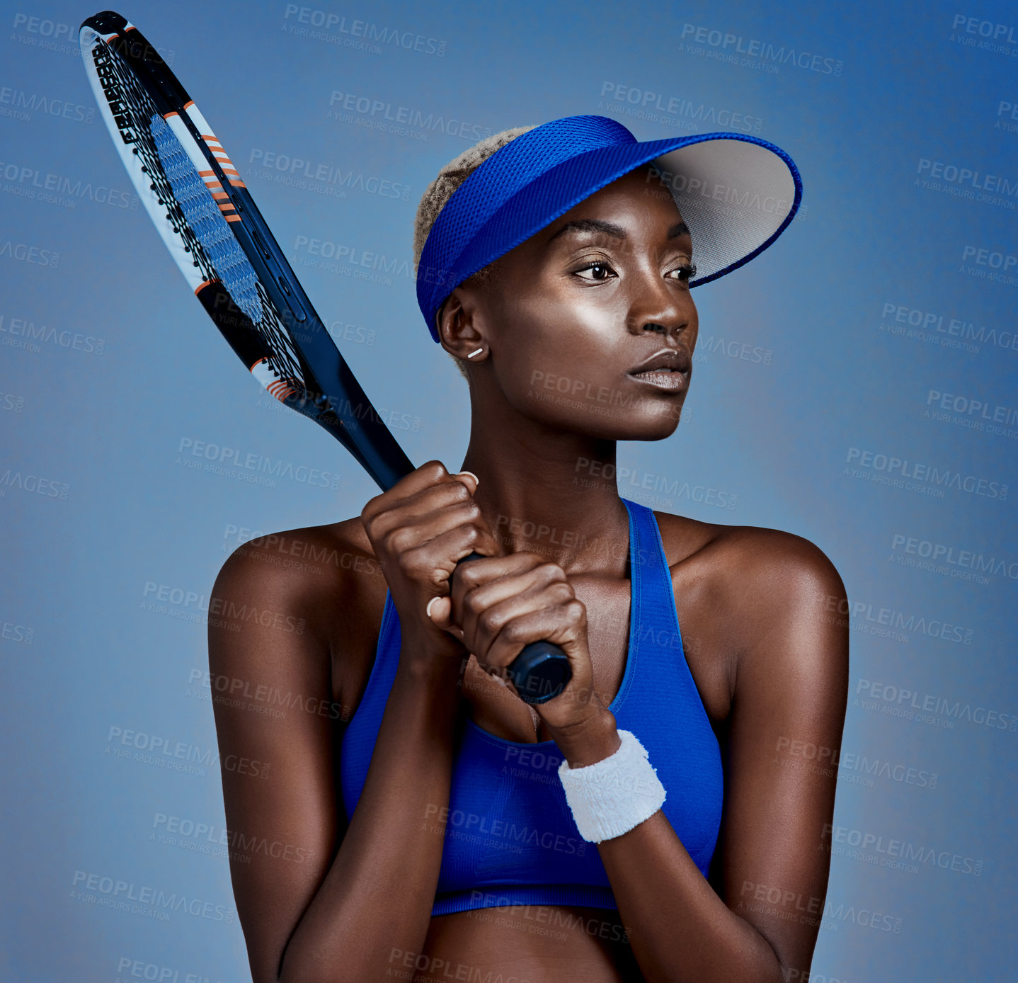 Buy stock photo Black woman, thinking and tennis training in studio, sports planning and racket on blue background. Female person, athlete and equipment for exercise activity, reflection and workout for competition