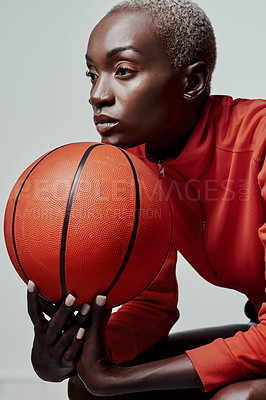 Buy stock photo Studio, black woman and ideas with basketball for sport, balance and break after competition game. Fitness, female person or player with thinking for practice, training and skill by white background