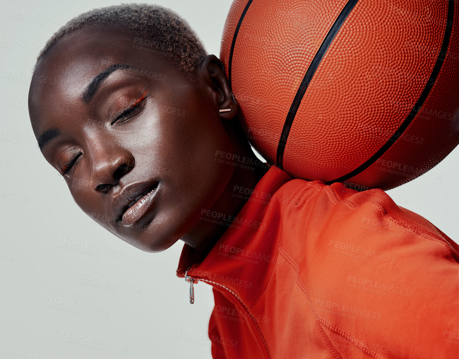 Buy stock photo Basketball, sports and face with black woman in studio for championship league, talent and training. Competition, mvp athlete and challenge with person on white background for game and fitness