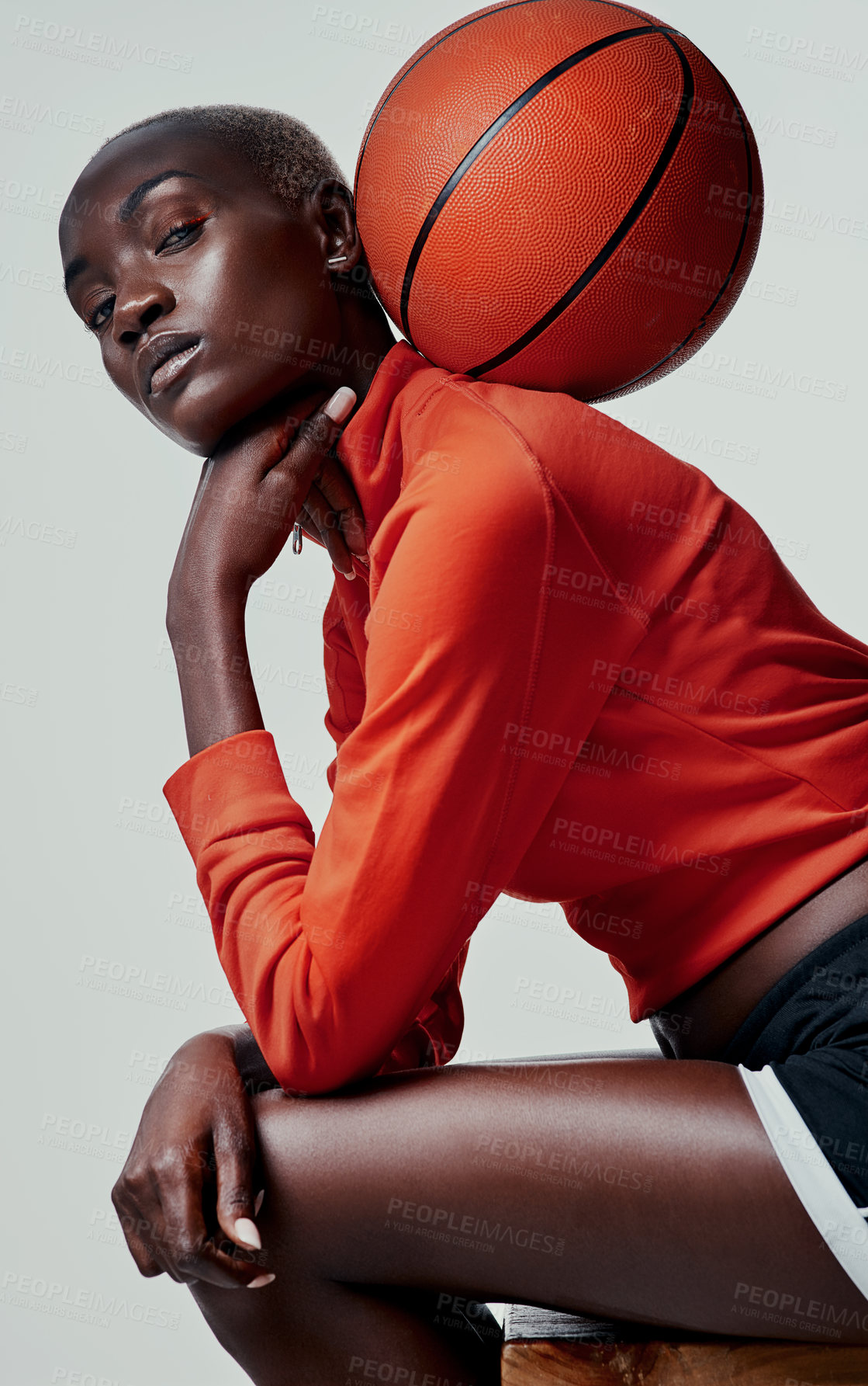 Buy stock photo Basketball, model and portrait with black woman in studio for championship league, sports and training. Competition, mvp athlete and challenge with person on white background for game and fitness