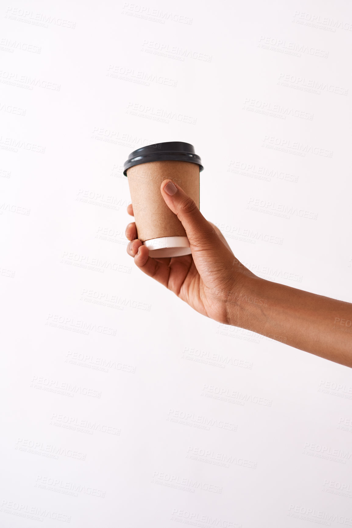 Buy stock photo Coffee cup, takeaway and hand on a white background for drink, caffeine beverage and cappuccino. Mockup, studio and isolated person with mug for biodegradable, reusable and sustainability at cafe