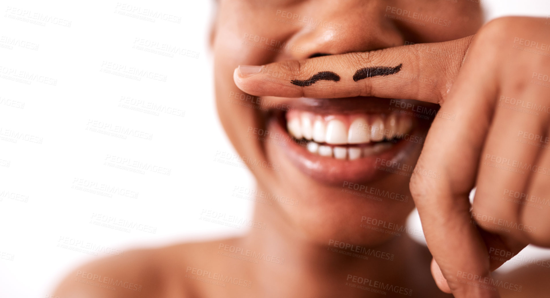 Buy stock photo Studio shot of an unrecognizable woman posing with a moustache drawn on her finger