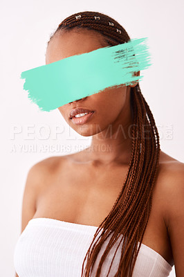 Buy stock photo Studio shot of a woman posing against a white background with a brushstroke hiding her eyes