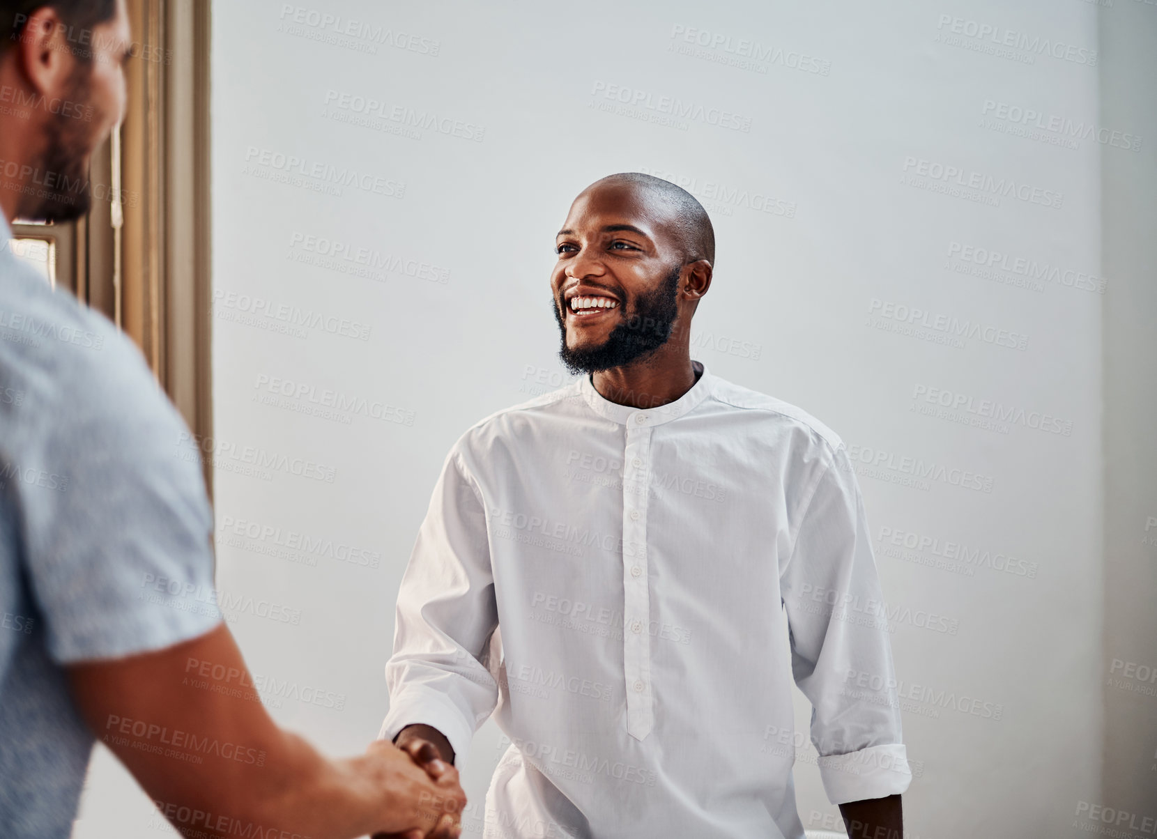 Buy stock photo Business people, men and shaking hands at office with introduction at startup with respect for meeting. Team, welcome and happy with handshake, partnership and hello with smile at creative agency