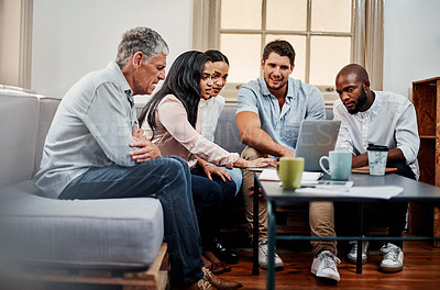 Buy stock photo Business people, laptop and meeting in office lounge for project management planning, ideas and vision. Creative agency team, technology and diversity group in collaboration for feedback or support