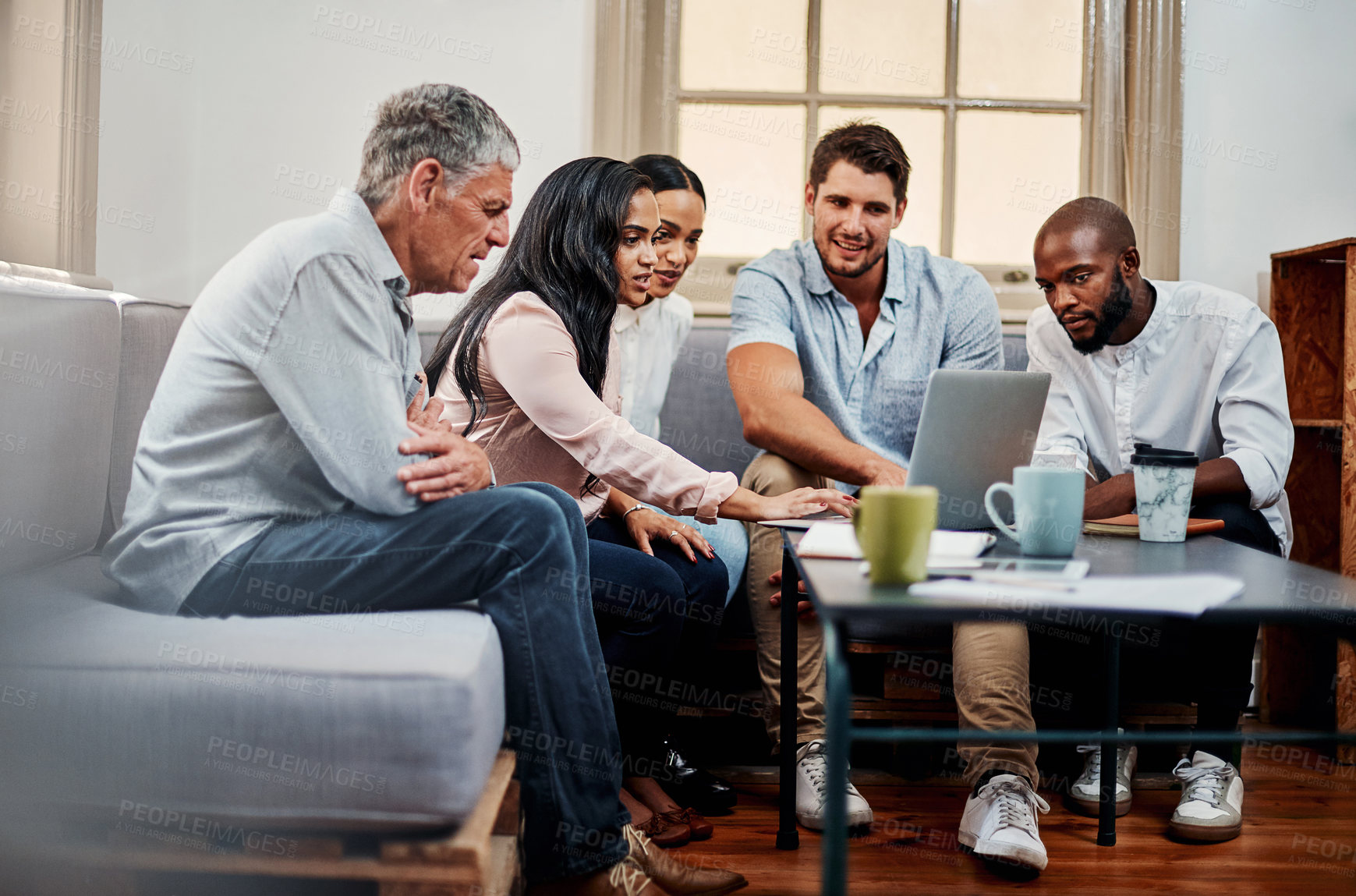 Buy stock photo Business people, laptop and meeting in office lounge for project management planning, ideas and vision. Creative agency team, technology and diversity group in collaboration for feedback or support