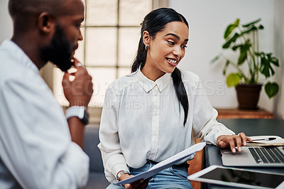 Buy stock photo Ideas, business people and laptop for meeting with colleague, diversity and teamwork in office. Woman, man and discussion with tech, web designer or employee as professional in brief or brainstorming