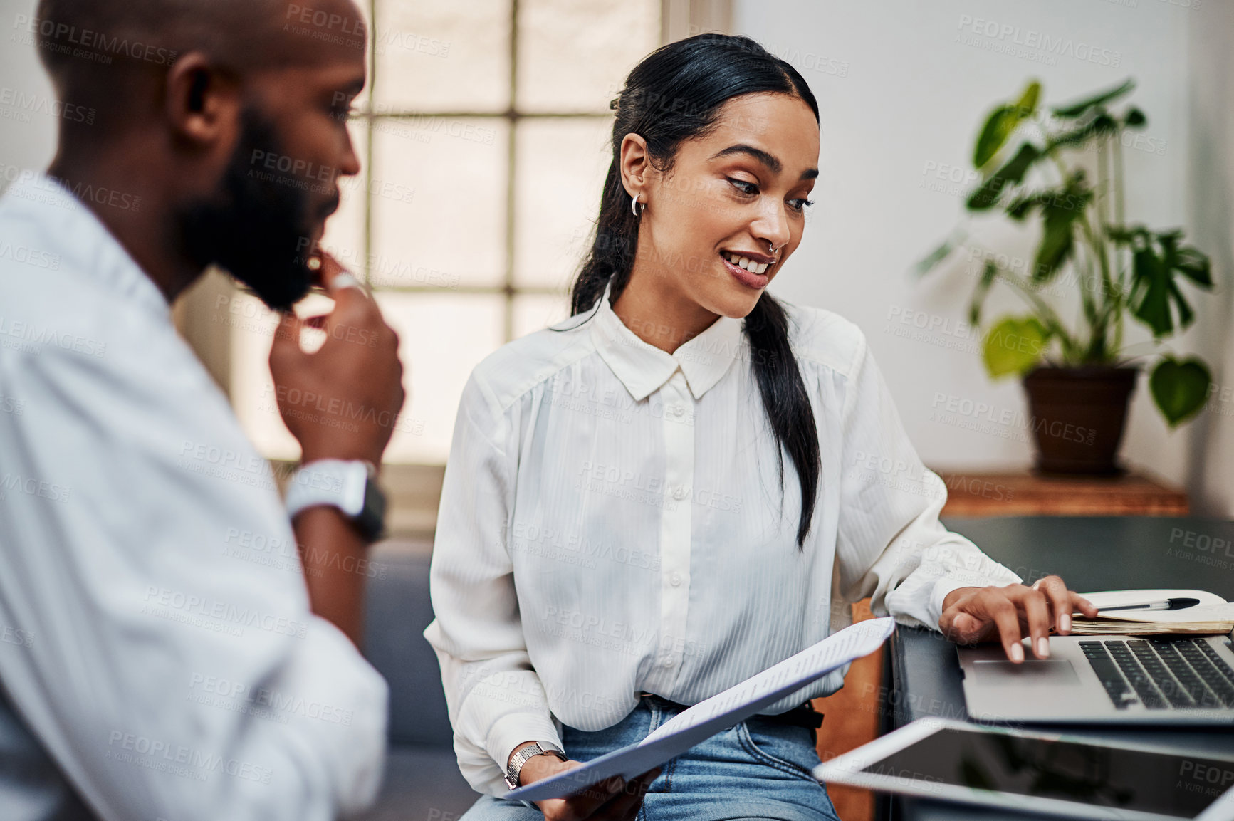 Buy stock photo Ideas, business people and laptop for meeting with colleague, diversity and teamwork in office. Woman, man and discussion with tech, web designer or employee as professional in brief or brainstorming