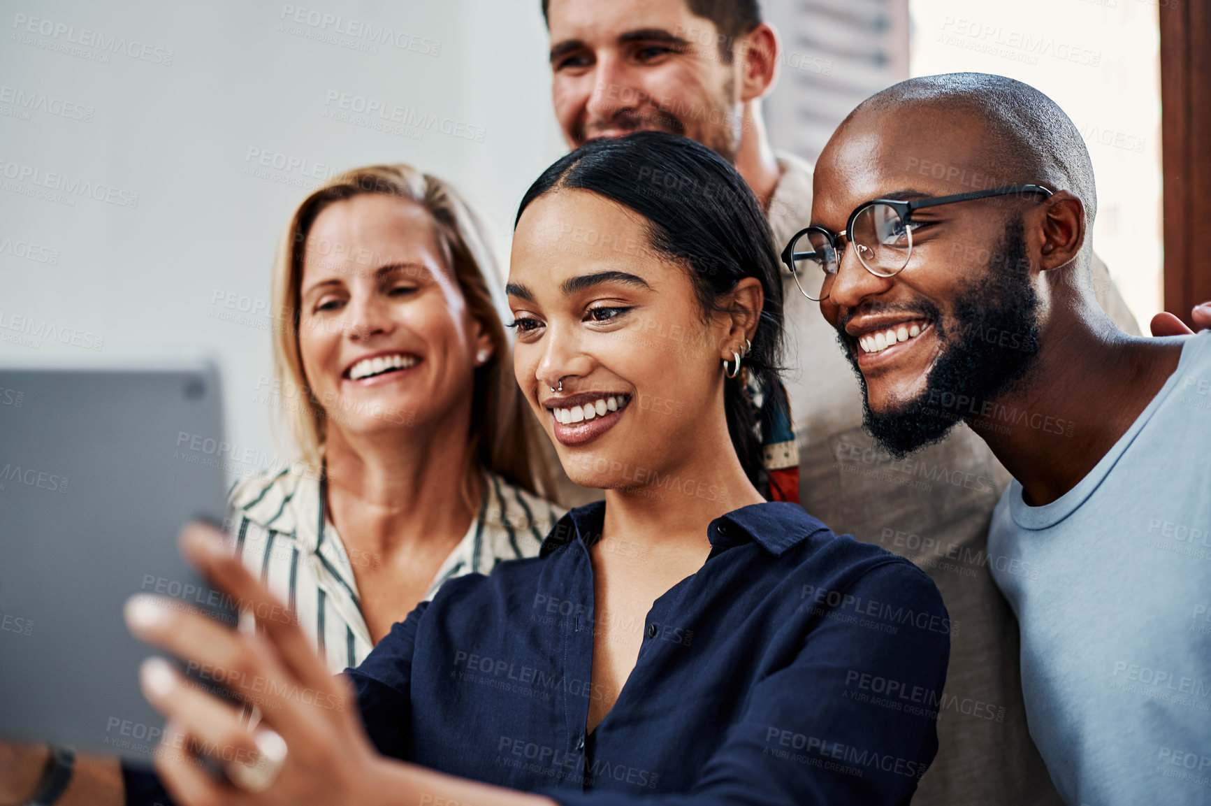 Buy stock photo Creative, smile and digital selfie of business people with tablet, solidarity and support at tech startup. Photography, portrait and team with confidence, development and diversity at design agency.