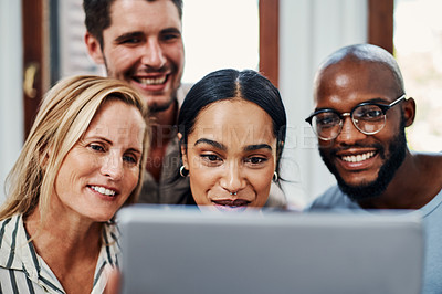 Buy stock photo Creative, business and digital selfie of people with tablet, solidarity and support at tech startup. Photography, portrait and happy team with confidence, development and diversity at design agency.