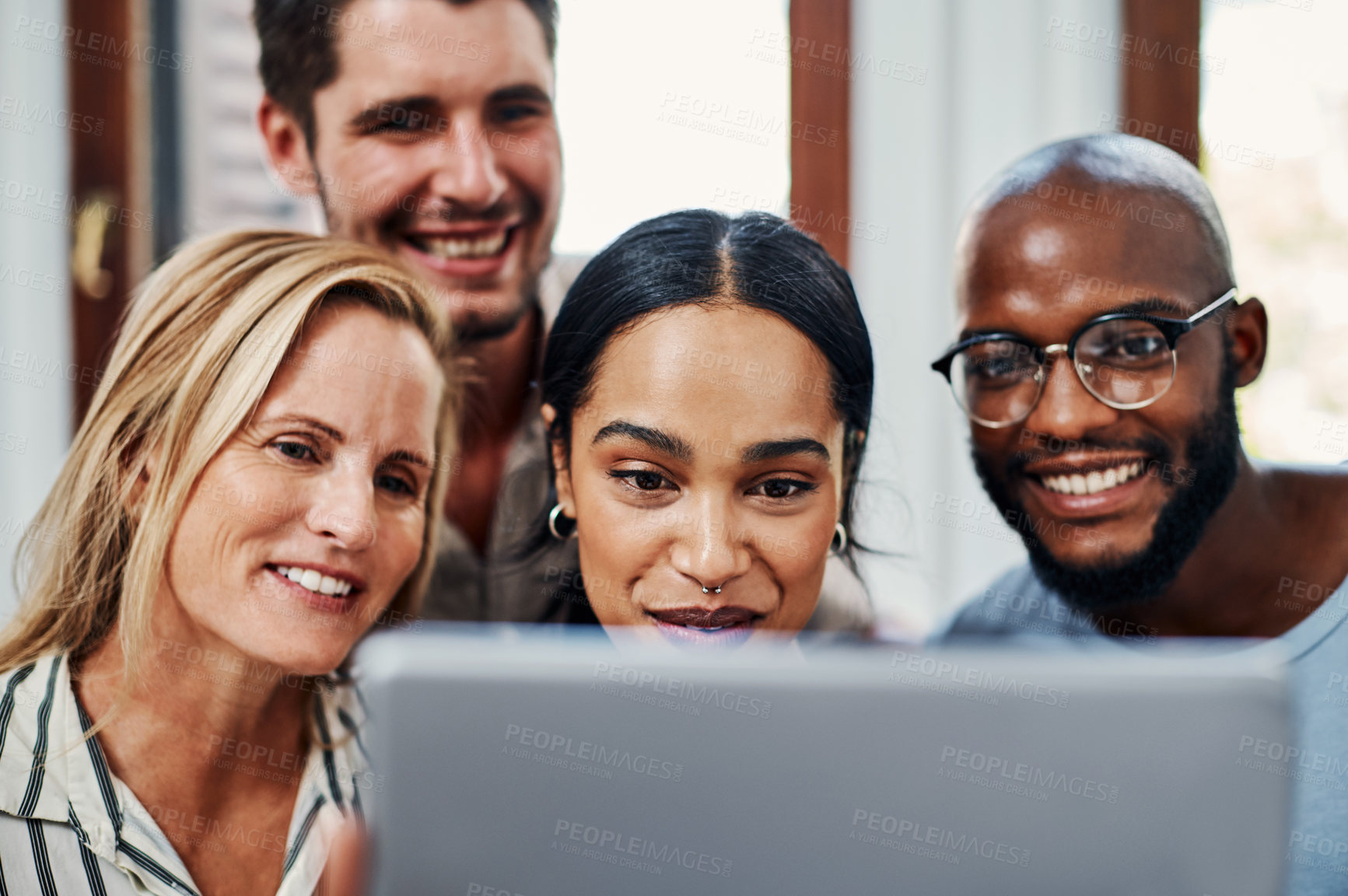 Buy stock photo Creative, business and digital selfie of people with tablet, solidarity and support at tech startup. Photography, portrait and happy team with confidence, development and diversity at design agency.