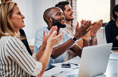 Buy stock photo Cropped shot of a group of business colleagues applauding during a strategy meeting in the boardroom