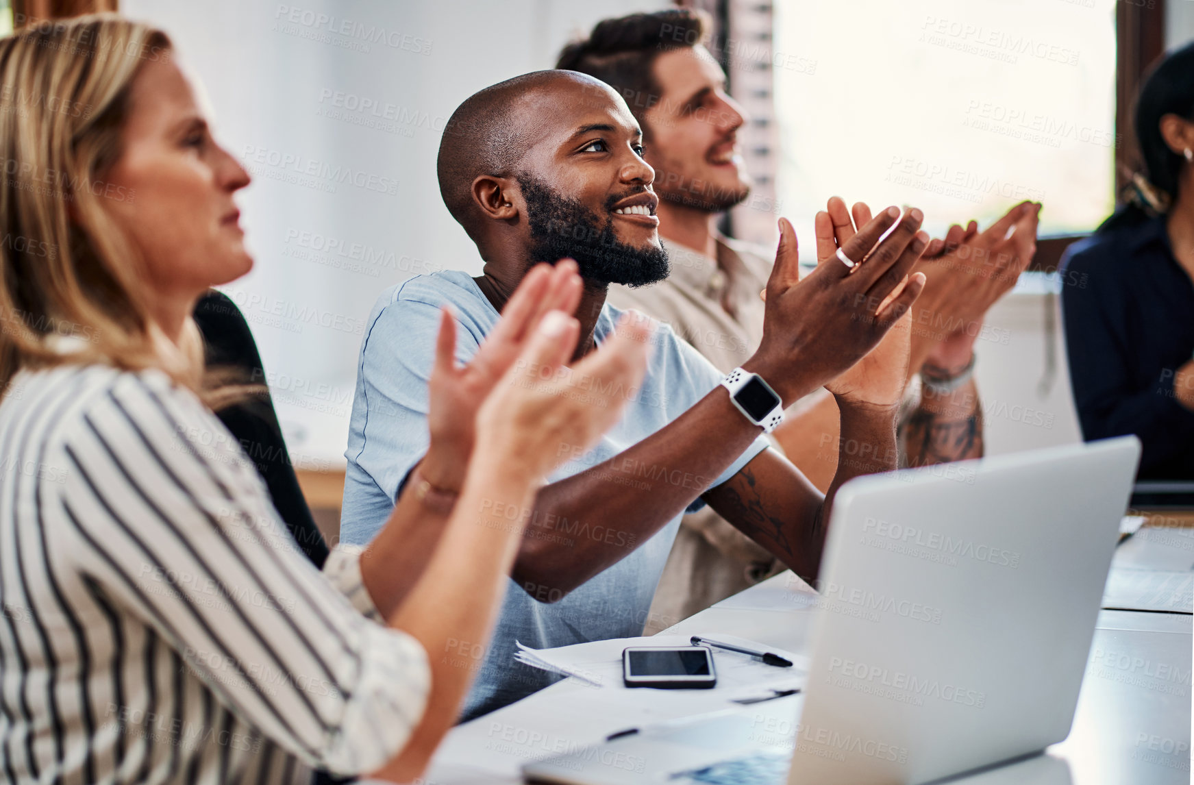 Buy stock photo Cropped shot of a group of business colleagues applauding during a strategy meeting in the boardroom