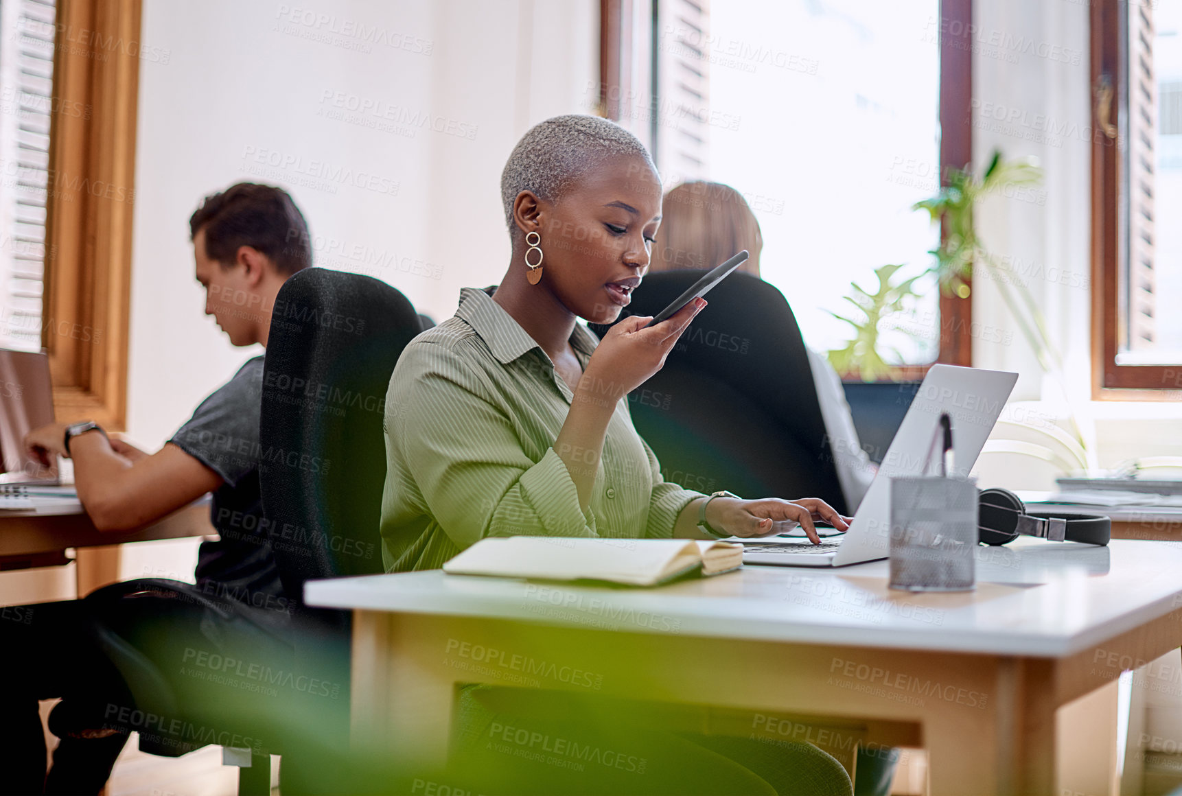 Buy stock photo Woman, talking and cellphone in office for feedback, social media and online for research. Technology, human resources and call in workplace for career, website and notification for mobile app 