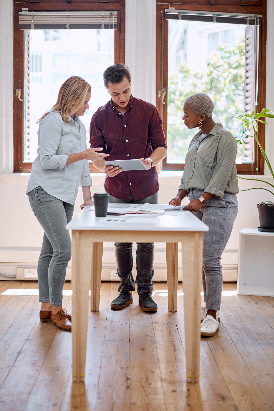 Buy stock photo Business people, tablet and collaboration with graphic design team and website update project. Diversity, discussion and startup with professional brainstorming for ux layout planning in meeting