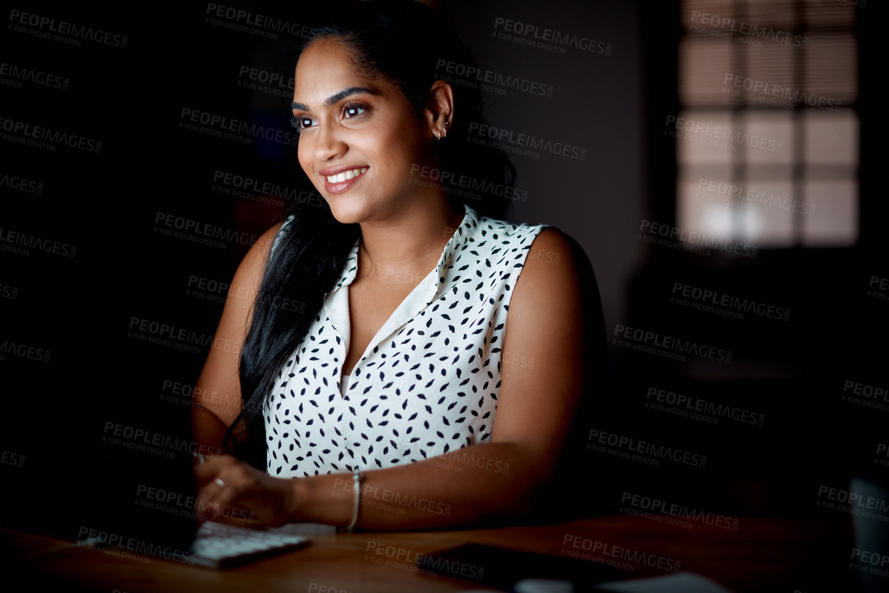 Buy stock photo Business woman, night and computer in office for digital report deadline, admin and online research. Female journalist, pc and working overtime for editing story, reading and writing article in dark