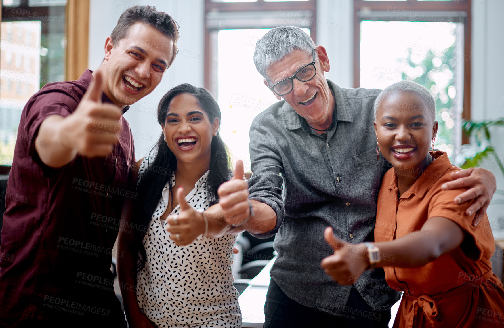 Buy stock photo Portrait, business people or thumbs up in startup with diversity for good job or well done in teamwork. Group, staff or creative employees with smile, like emoji or yes sign for review or development