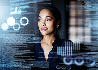 Buy stock photo Digital, analytics and business of a woman working with big data, logistics and UX at the office at night. Futuristic, leader and designer in digital transformation at work with future technology.