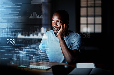 Buy stock photo Shot of a programmer working on a computer code at night