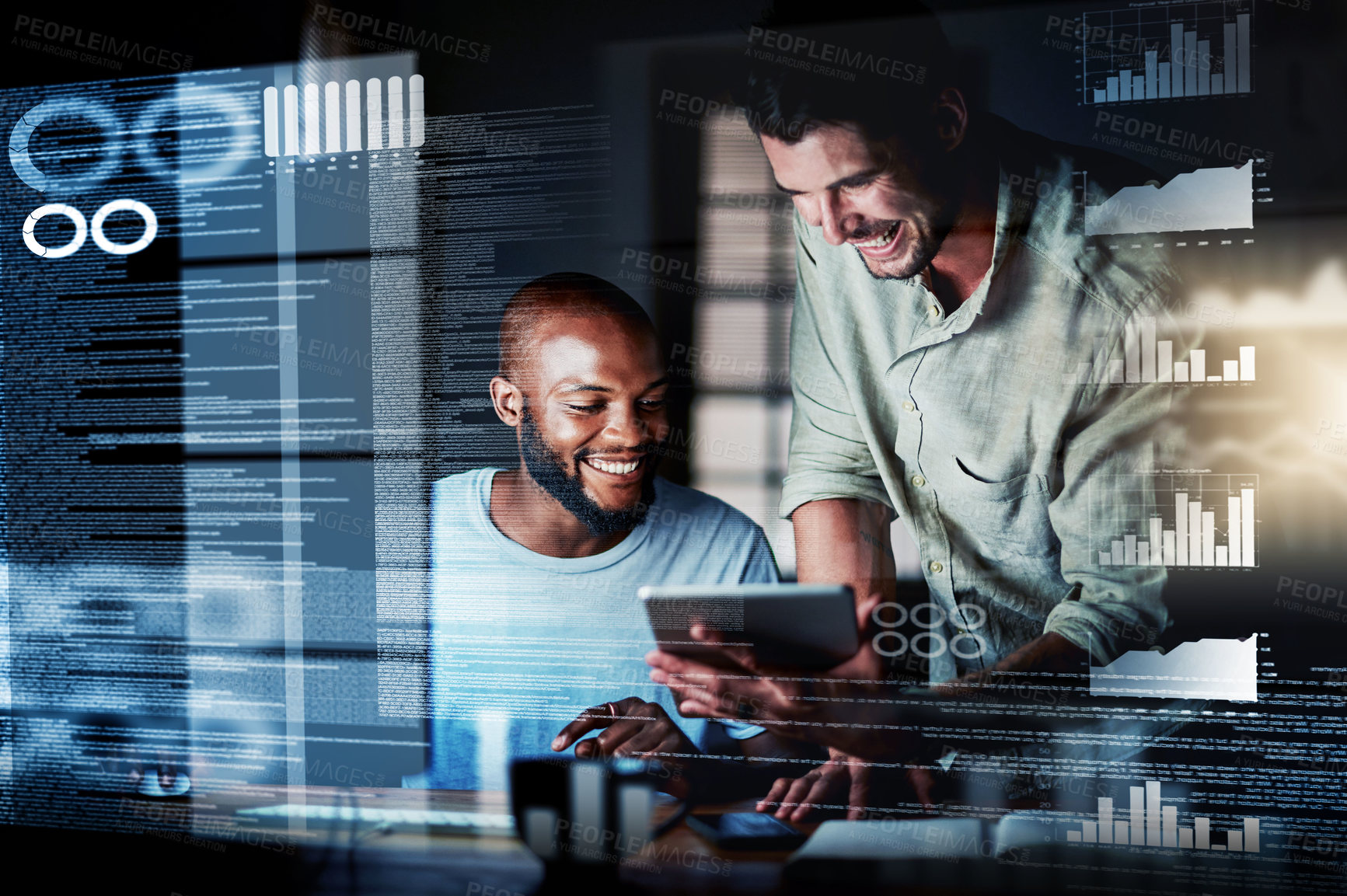 Buy stock photo Shot of two programmers using a digital tablet while working together on a computer code at night