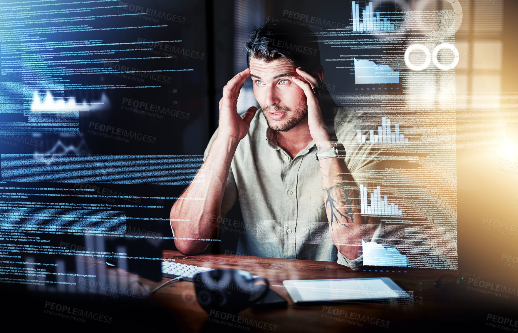 Buy stock photo Stressed computer engineer reading code, cgi data and making mistake while analyzing special effects charts while working late at night. Confused, worried and anxious web developer discovering a hack