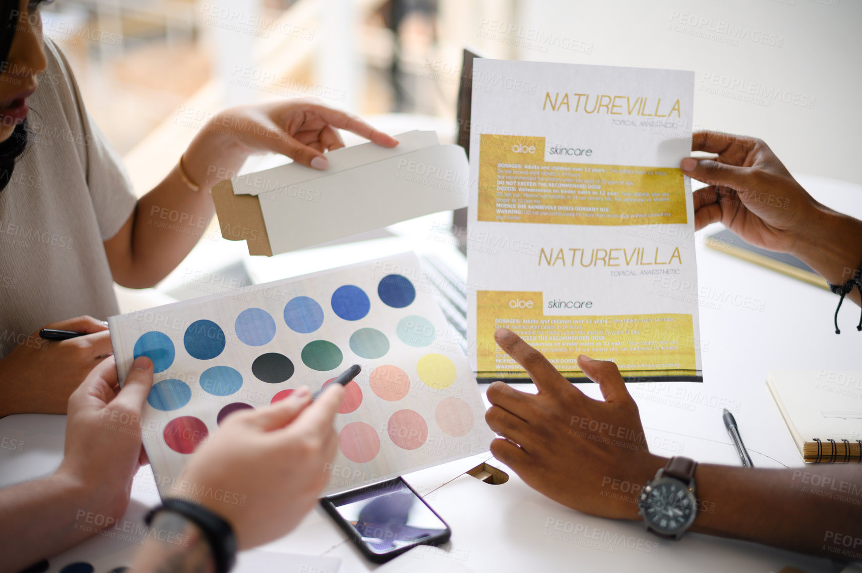 Buy stock photo Business people, hands and color palette with swatches for planning, discussion or design at office. Closeup of employees discussing shades or ideas for skincare pamphlet or brochure at workplace