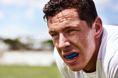 Buy stock photo Man, rugby and burnout on match at field with sweat for sports game, tournament and competition in New Zealand. Male person, stadium and exhausted as player or athlete on half time with workout