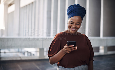Buy stock photo African business woman, city and texting with phone, smile and happiness for contact, chat or email notification. Female entrepreneur, smartphone and networking with excited face for communication