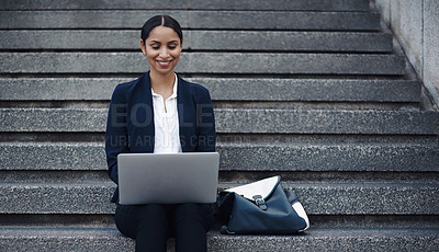 Buy stock photo Business woman, laptop and on stairs for research, planning and networking outdoor as remote work. Journalist, technology and freelance in city for creativity, inspiration and storytelling article