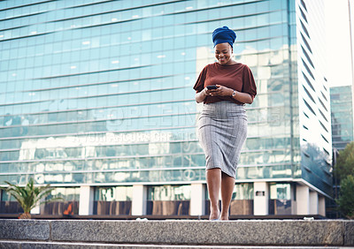 Buy stock photo Black woman, phone and city travel walking of a employee with happiness and social network. African female person, mobile communication text and networking with tech and internet by urban streets 