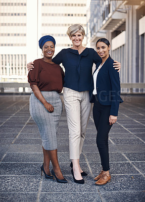 Buy stock photo Portrait, business and women as group outdoor for meeting discussion, legal collaboration and corporate career. Smile, diversity and people as lawyers for urban project, cooperation and city together