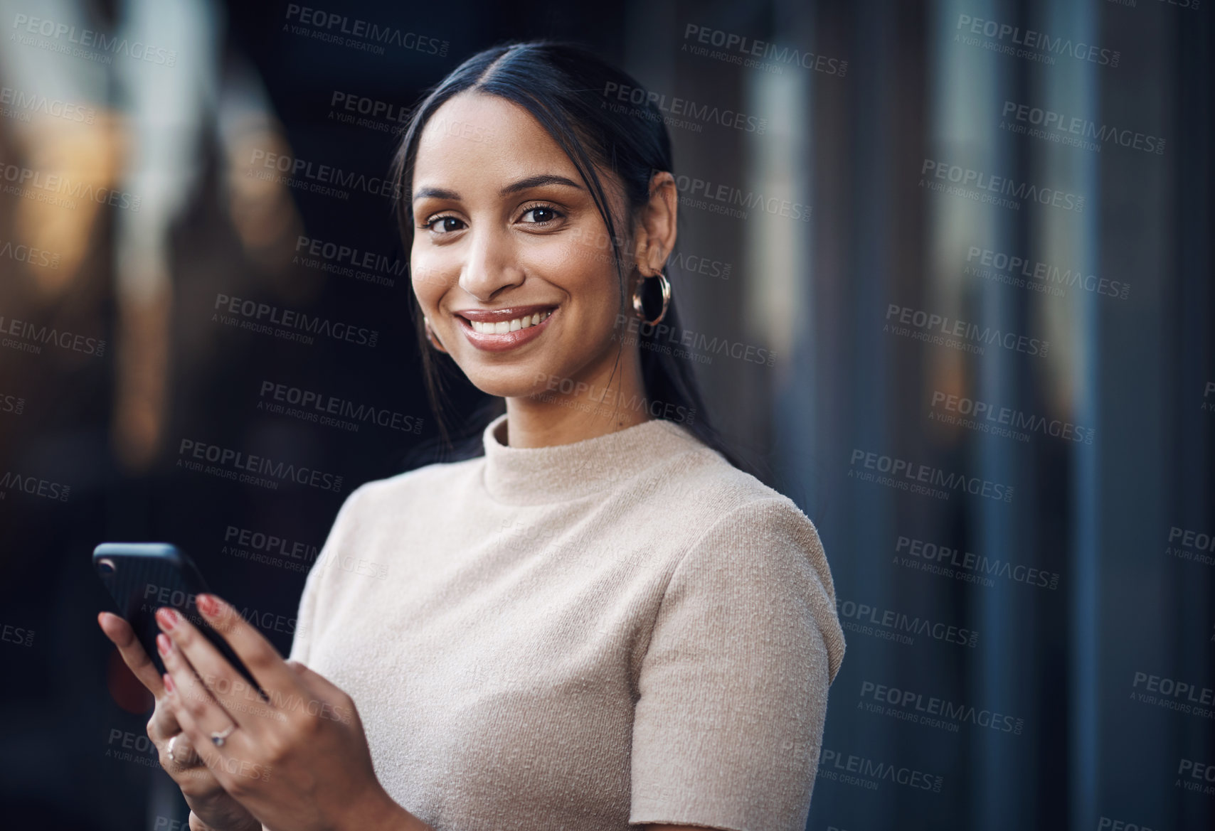 Buy stock photo Office, smile and portrait of woman with phone for network, communication and online schedule. Confident, graphic designer and happy with tech at work for market research, information or website plan