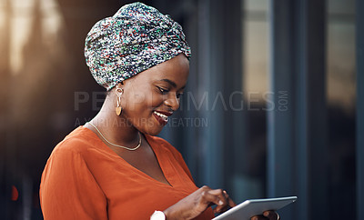 Buy stock photo Happy, black woman and tablet in office for reading psychology blog, startup and online research. African therapist, smile and digital tech for mental health faq, counselling and virtual consultation