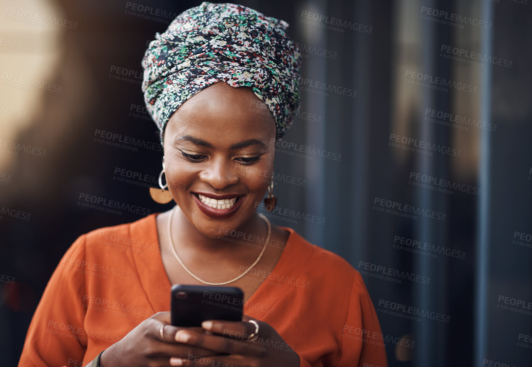Buy stock photo Black woman, happiness and phone typing with online communication and networking. Happy, smile and business employee on a mobile with social media and internet scroll reading a web message with joy