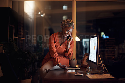 Buy stock photo Business, black woman and phone call on smartphone, computer typing and conversation at night. Happy worker, cellphone and communication for desktop management, mobile network and overtime in office