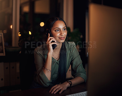 Buy stock photo Phone call, woman and business at night with computer for networking and feedback at desk. Consultant, connection and technology in office or happy for conversation, email and review for research